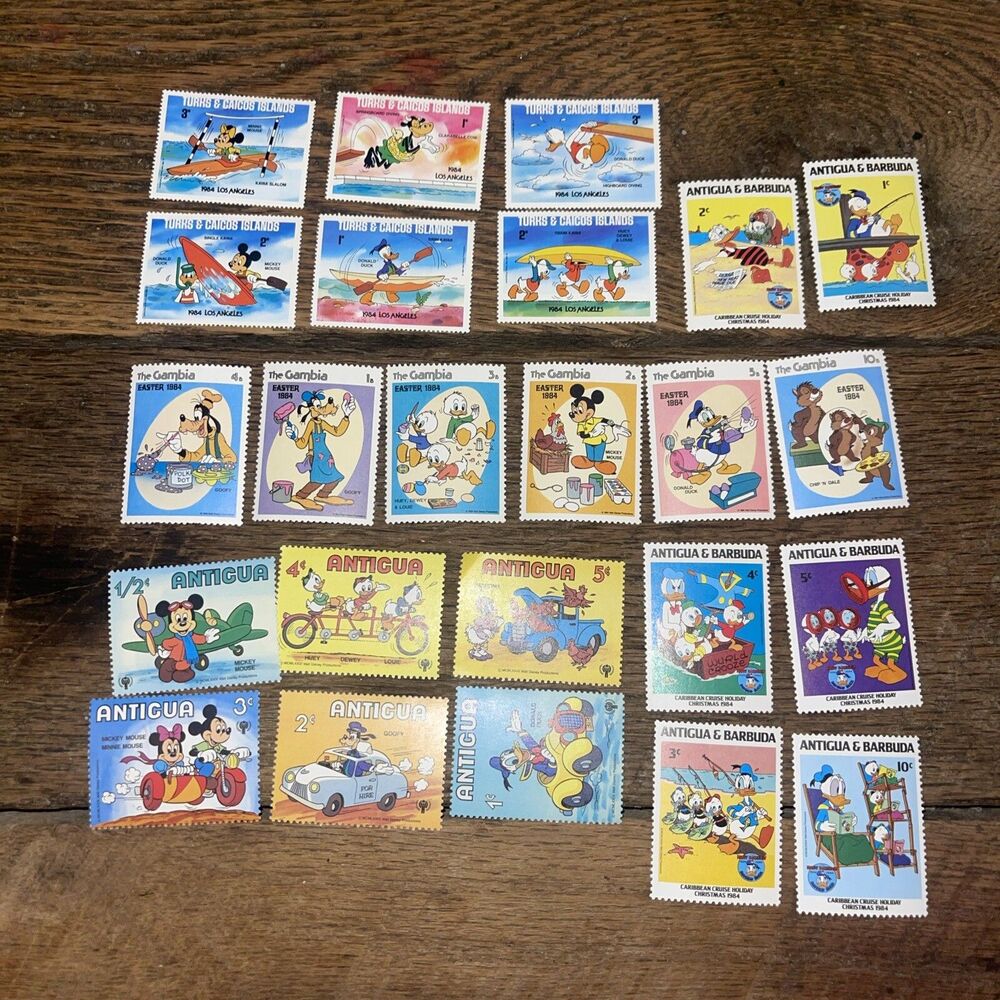 1980s Disney World Stamp Lot of 24 - Antigua & Barbuda, Gambia, Turks & Caicos